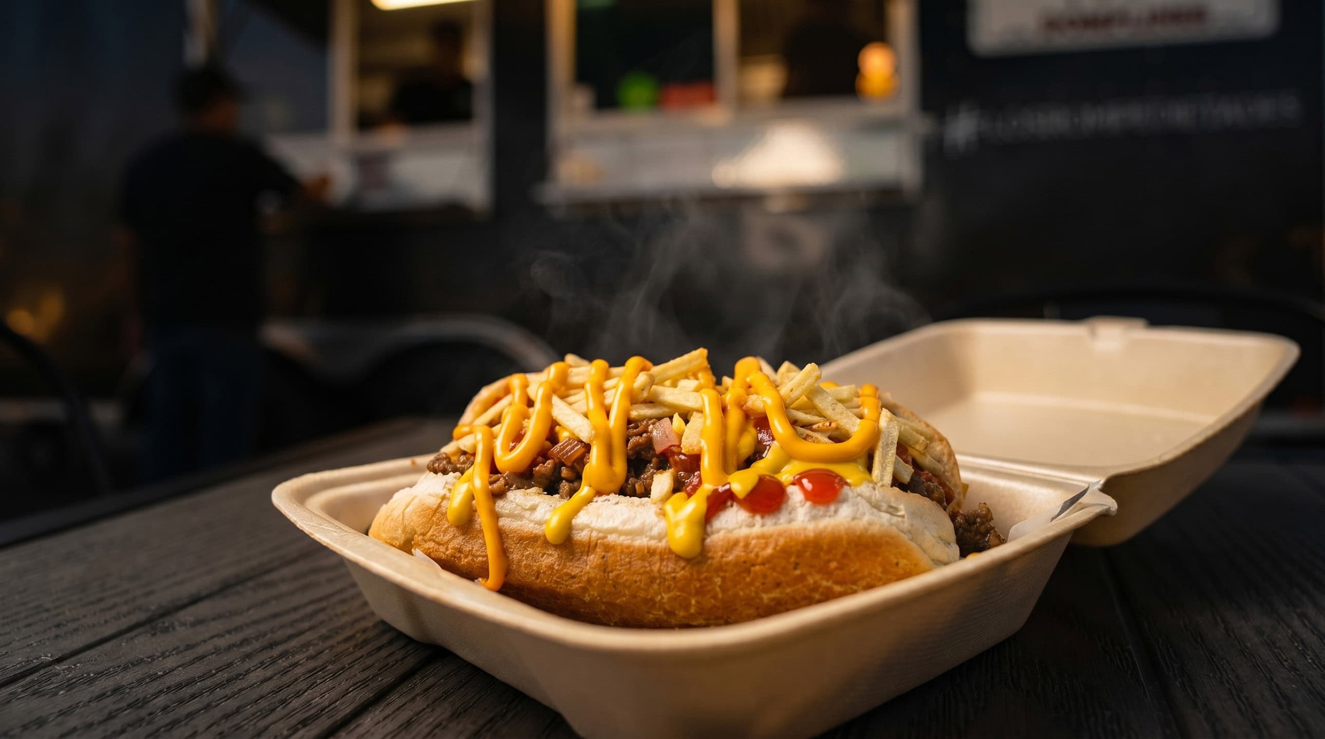 Loaded Puerto Rican-style hot dog close-up